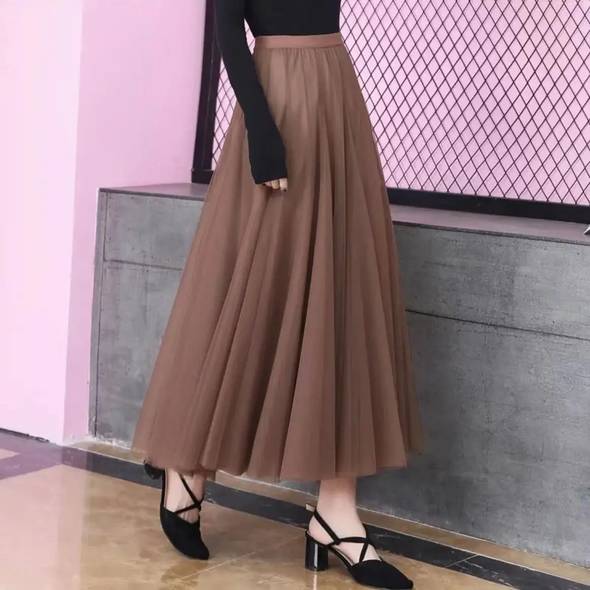 

2024 Spring/Summer New Mesh Double Layer Swinging Skirt Long Dress Fairy Skirt Large Size High Waist Student Long Dress p717