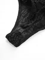 ROSEGAL Gothic Women Sexy Bodysuit Black Flare Sleeves Cold Shoulder Mesh Flocking Spider Web Lace Up O-Ring Lingerie Jumpsuit - Image 5