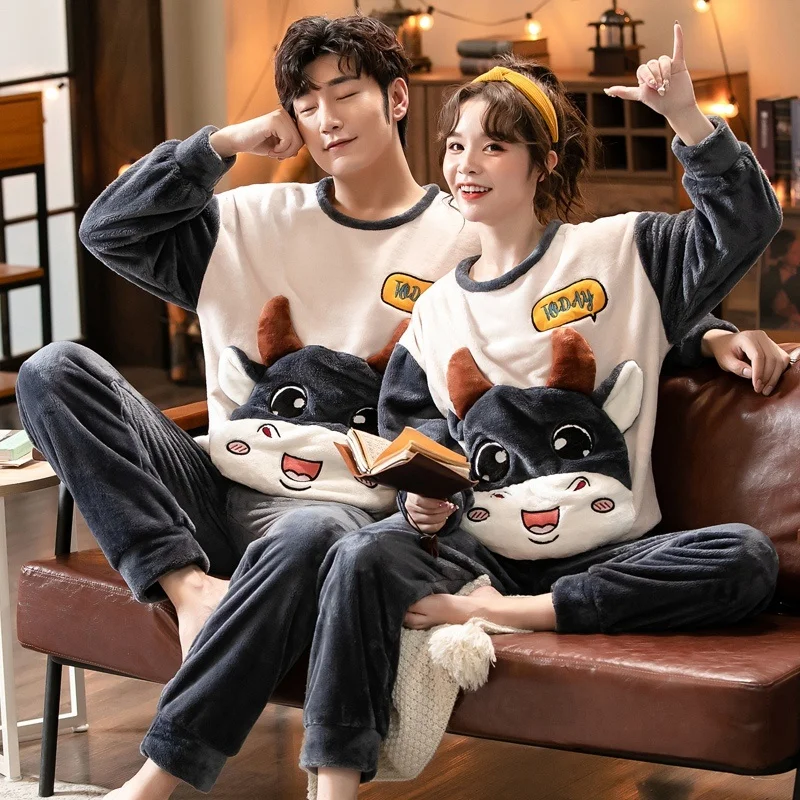 

2023 Winter Couple Long Slve Thick Warm Flannel Pajama Sets For Men Cute Cartoon Slpwear Pyjama Women Homewear Home Clothes