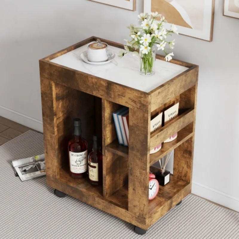 Mid-Century Modern Style Movable Side Cabinet Sofa, Household Brown Trolley Storage Locker And Shelf For Living Room 2