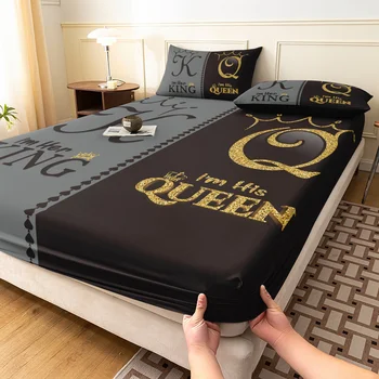 3pcs King Queen Couple Fitted Sheet Set, "King & Queen" Bedding, For Family Bedrooms Dormitories Hotels 1