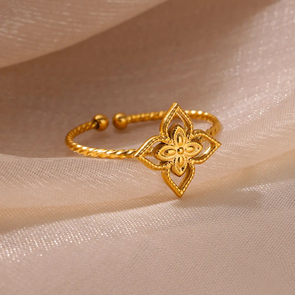 Stainless Steel Hollow Four-Leaf Clover Open Rings For Women