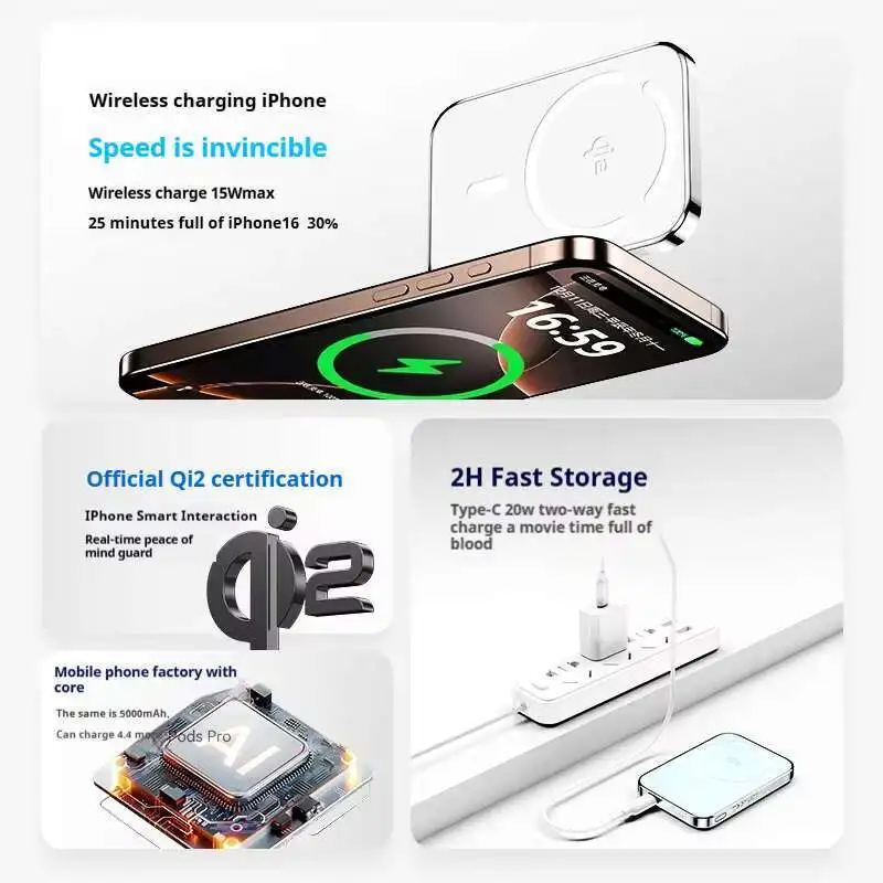 Xilecaly Super Slim Magnetic Power Bank 5000mAh Alloy Shell Battery Qi2 Fast Chargeing PowerBank For MagSafe iPhone Samsung 3