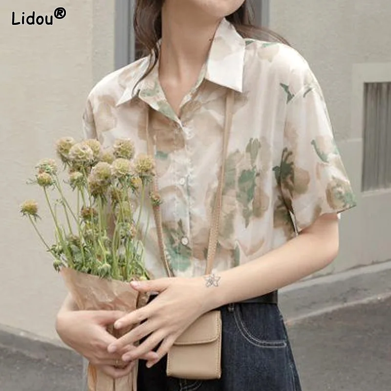 2023 Women's Clothing Short Sleeve Button Turn-down Collar Loose Blouses Printing Fashion Street Casual Tops Sweet Summer Thin