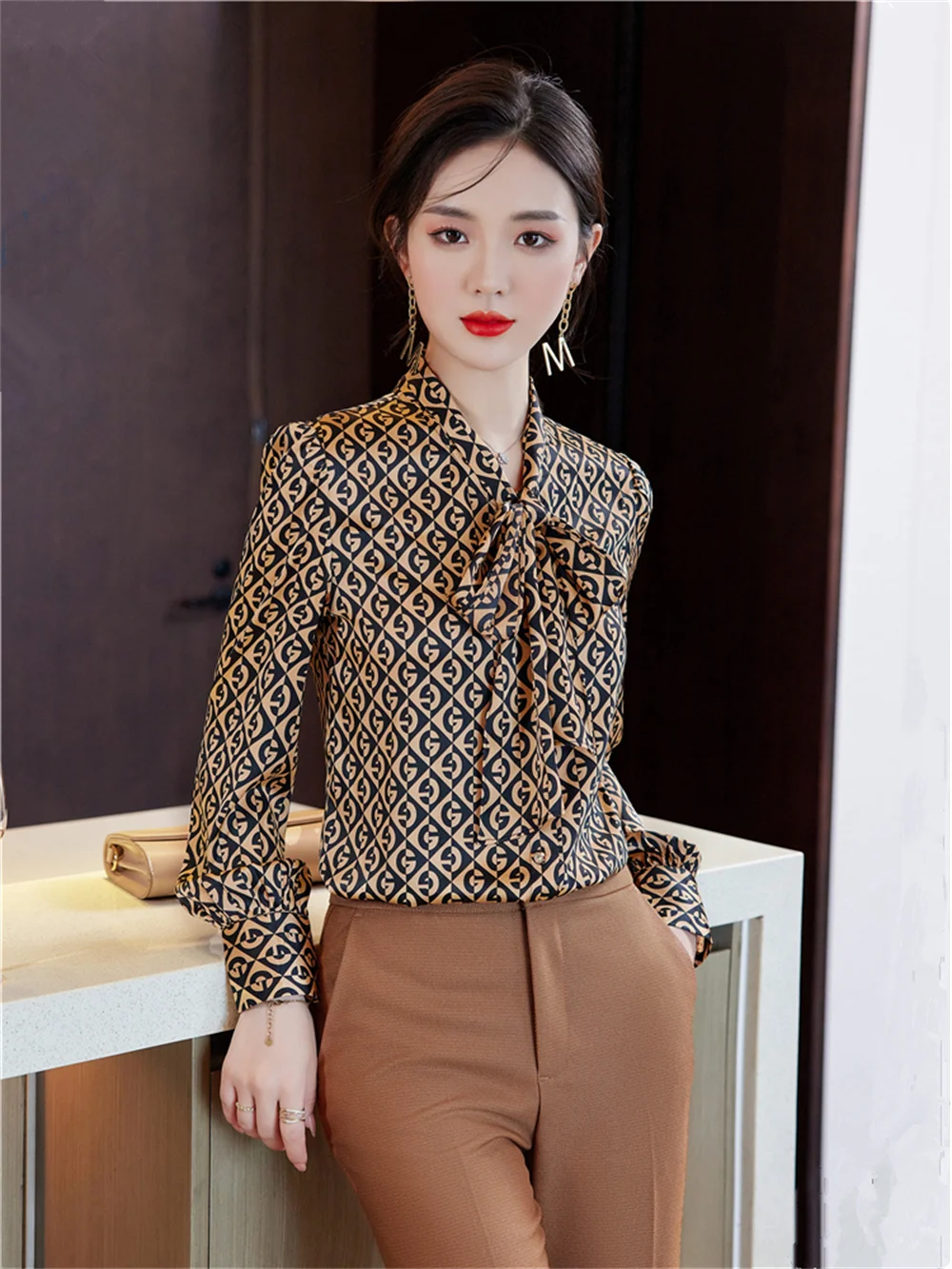 Vintage Women's Shirts and Blouses 2023 New in Spring Summer Casual Long  Sleeve Bow Ribbon Print Shirt Office Ladies Formal Top