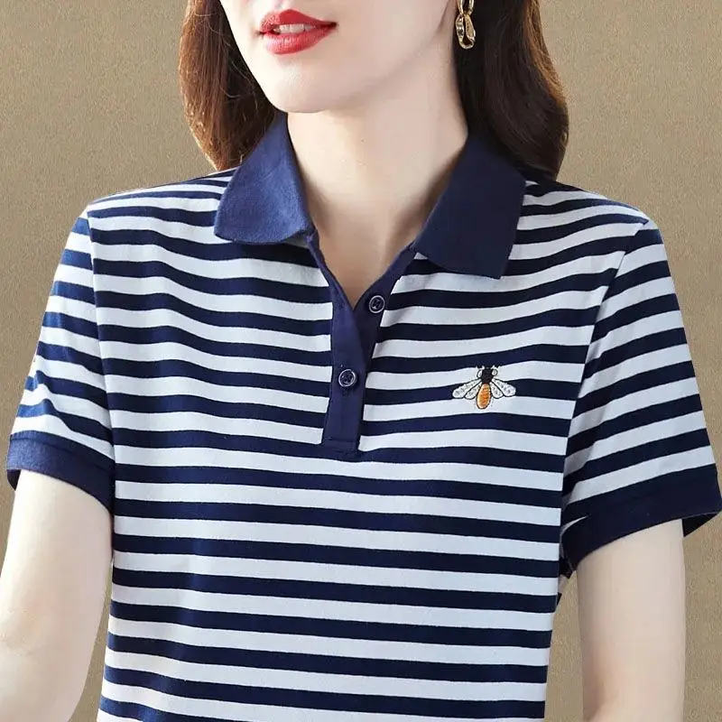 

New Summer Women's Stripe Splicing Contrast Color Polo Neck Short Sleeve Plus Size Pullovers Embroidery Fashion Casual Tops
