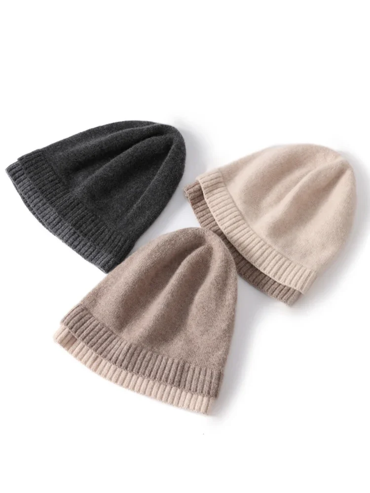 100% Wool Knit Caps New Fashion Double Layer Hem Deco Unisex Beanies Pure Wool Warm Hat Soft Cozy Spring Outdoor Casual 2
