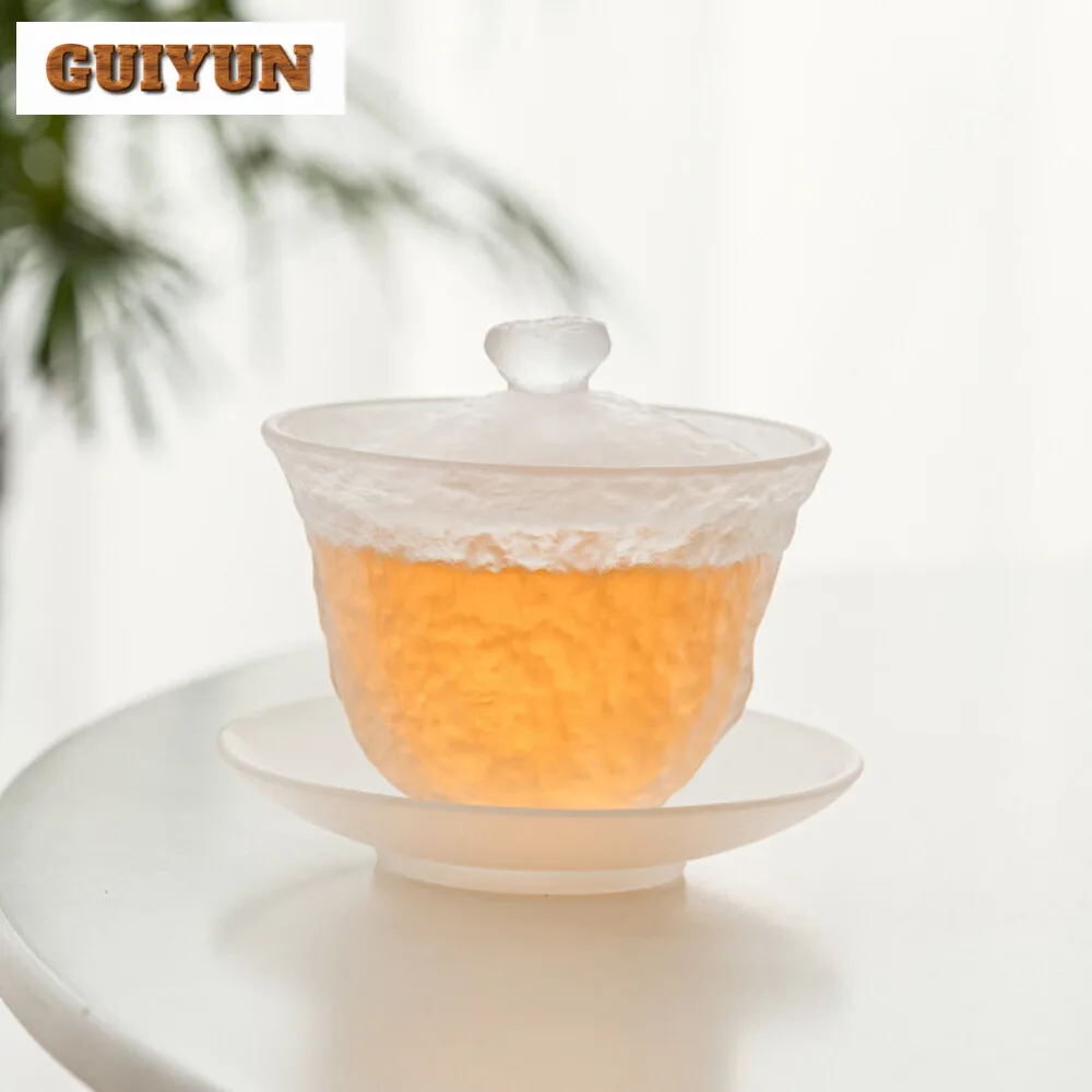 120ml Chinese Frosted White Glass Gaiwan Zen Anti Scalding Tea Tureen Tea Brewing Cover Bowl Azure Stone Ceremony Ornaments