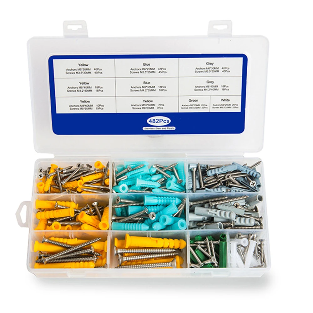 

482PCS Drywall Anchors And Screws Kit Stainless Steel Plastic Expansion Screws Kit Wall Anchors And Screws For Drywall Anchors