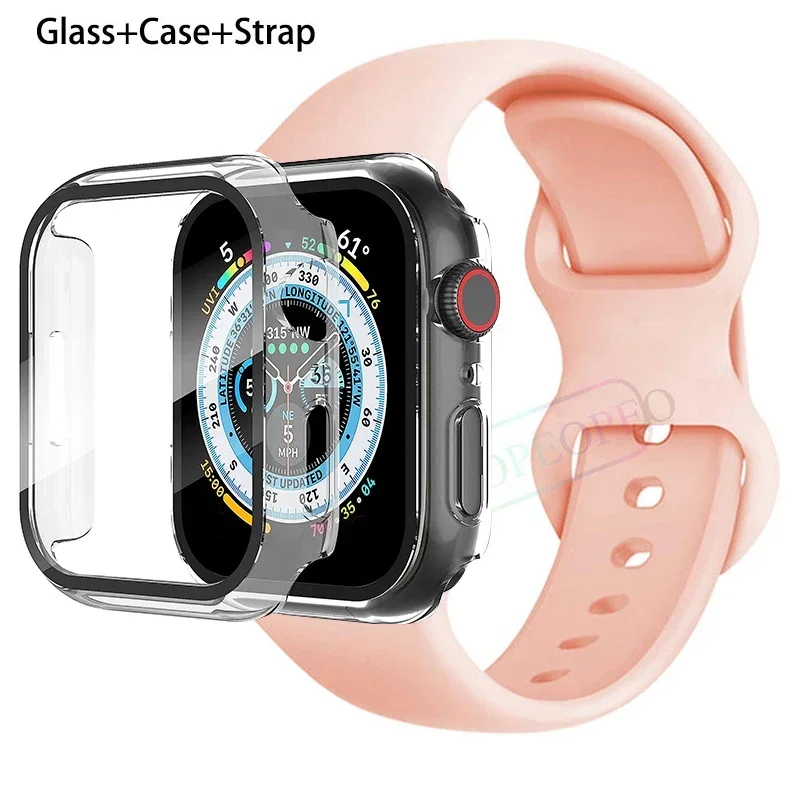 Premium Silicone Apple Watch Band with Glass Case and Strap - Compatible with All Series