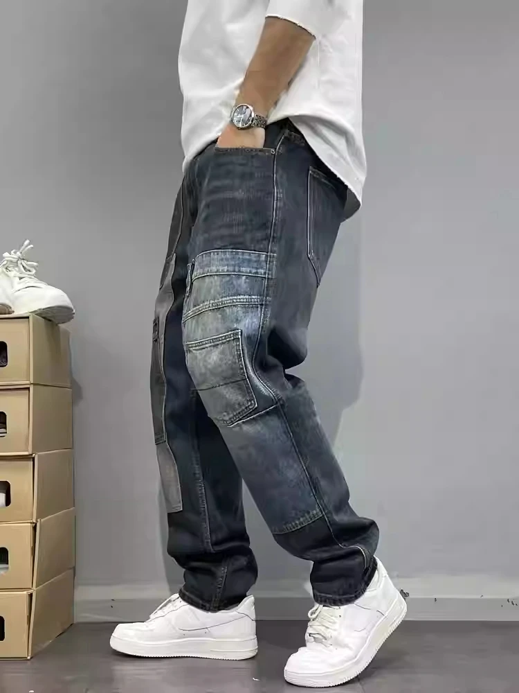 جينز مستقيم الساق مرقع مقاس كبير متعدد الجيوب ملابس الشارع اليابانية عالية الجودة العصرية متزلج صالح سراويل جينز 2025 جديد