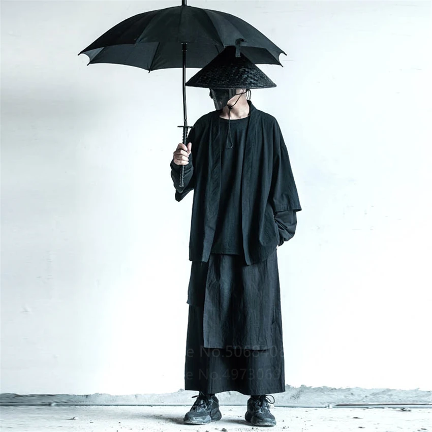 Japanese Streetwear Haori Men Traditional Kimono Cardigan Black Coat Jacket Harajuku Autumn Samurai Fashion Cosplay Costumes