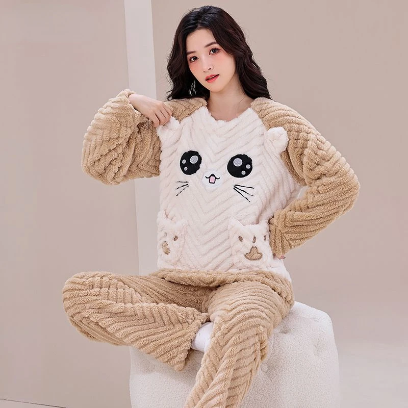 Brand Print Autumn Winter Warm Sleepwear Sets Women Pajamas Pajamas Set Large Size Pajamas Korean Hooded Zipper Pocket Thick 2020caiyier nightgown casual pajamas women autumn and winter models thick and velvet ladies plush pajamas winter warm homewears