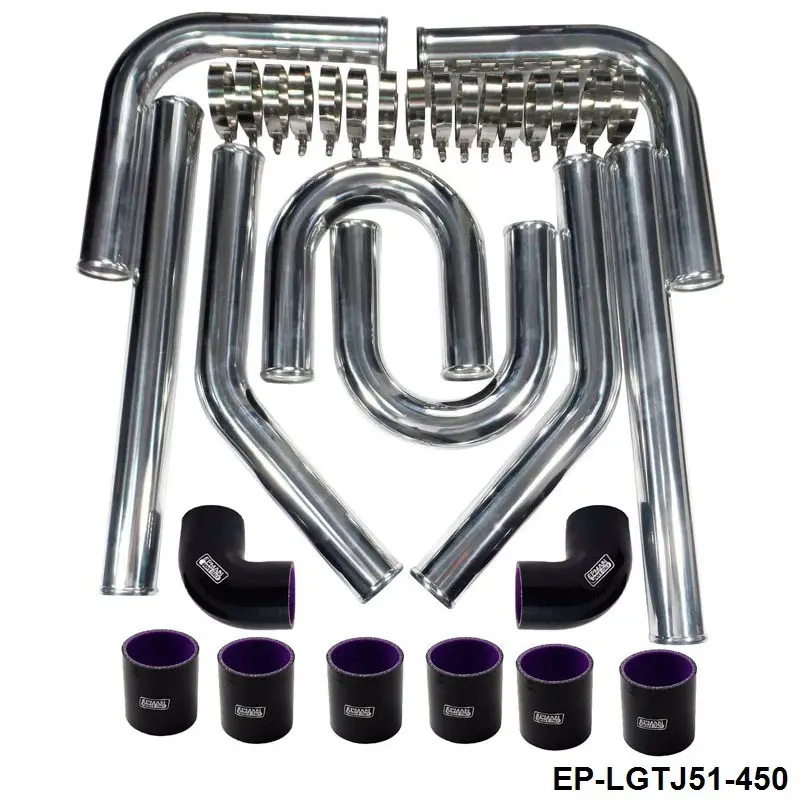 Universal 2.25 8-Piece Black Front Mount Turbo Intercooler Piping+Silicone Hose+Clamps Kit