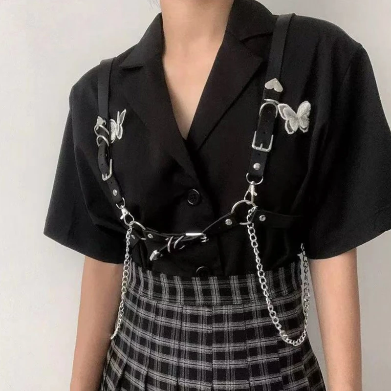 Grommet Belt Women Jeans Synthetic Leather Punk Aesthetic Waist Belts with Chain