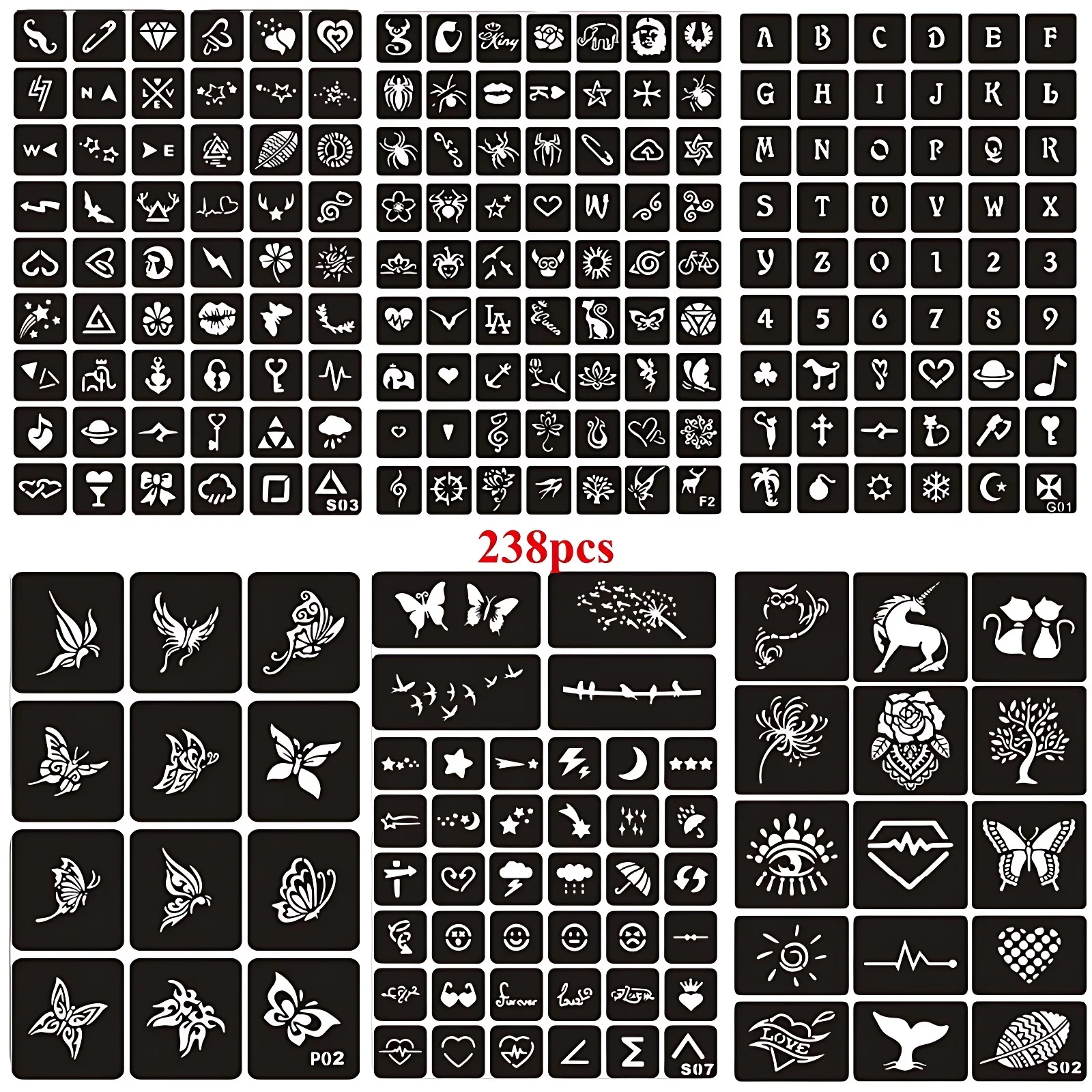 56-238pcs Henna Stencils For Painting Flower Letter Cat Butterfly Airbrush Tattoo DIY Glitter Set For Kids Women