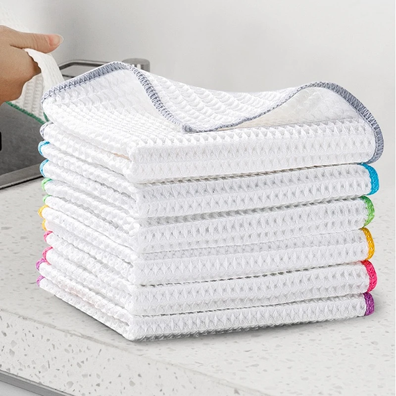 3PCS Towel Non-stick Oil Waffle Soft Kitchen Cleaning Cloth Bamboo Fiber Dish Strong Absorben Scouring Pad Honeycomb Wiping Rag