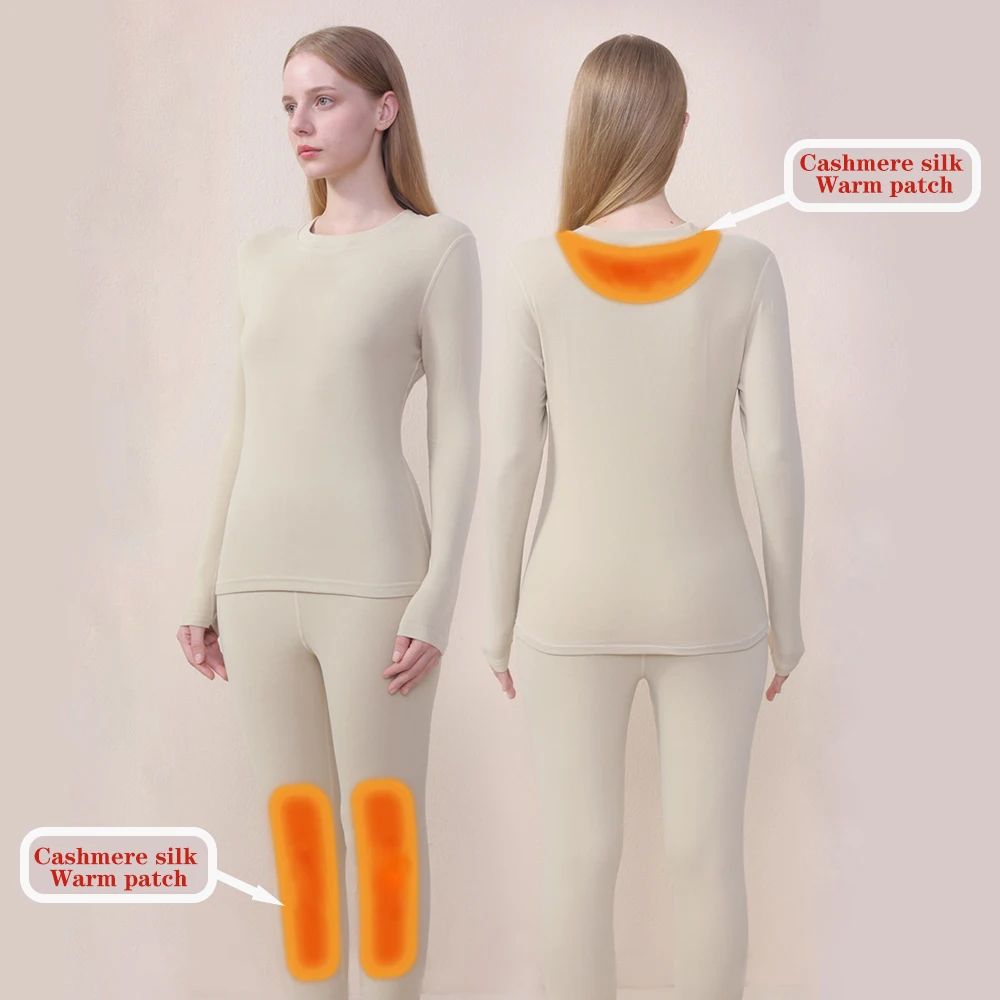 Winter Women's Thermal Underwear Cashmere silk patch Thickened Solid Color Casual Bottoming Shirt Warm Pants Pajama Couples Set
