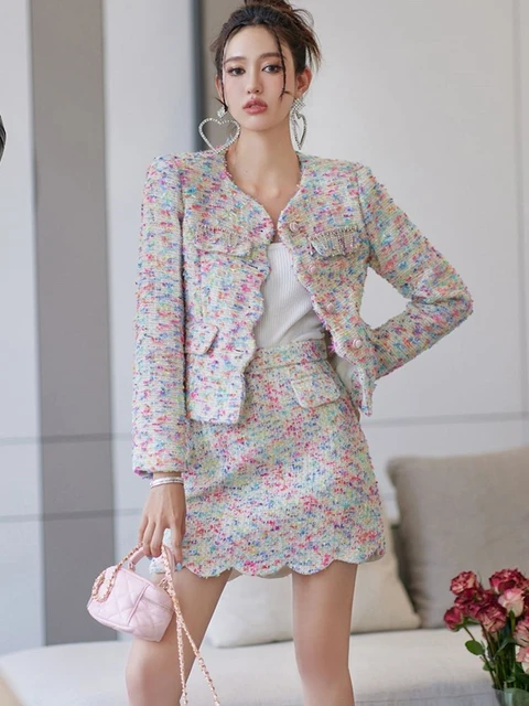 Mademoiselle Pink Tweed Two Piece Set Mini Skirt & Cropped Jacket L