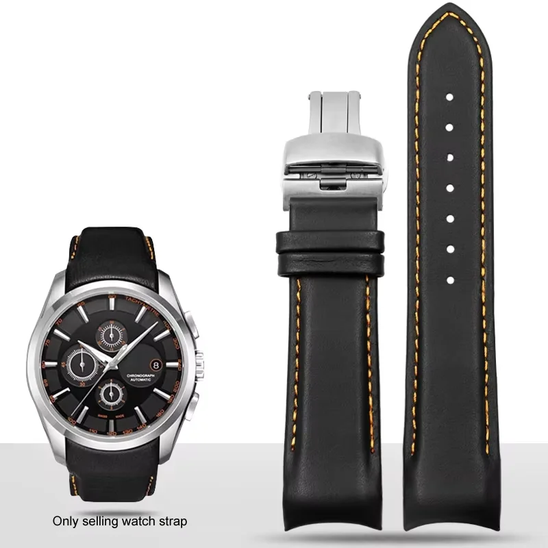 Luxury Calfskin Leather Watch Band with Stainless Steel Butterfly Clasp - Curved End, Available in Multiple Sizes