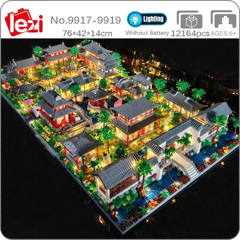 Lezi World Architecture Pavilion Temple Tower Lake Garden Gate Tree Led Light Diy Mini Diamond Blocks Mattoni Building Toy No Box