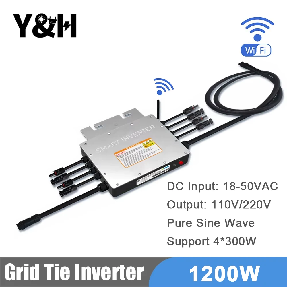 Y&H 1200W 그리드 타이 인버터 WIFI 통신 기능 탑재 마이크로 MPPT 태양광 인버터, 30/36V PV 패널용 스택형 DC30-60V 태양광 입력 지원
