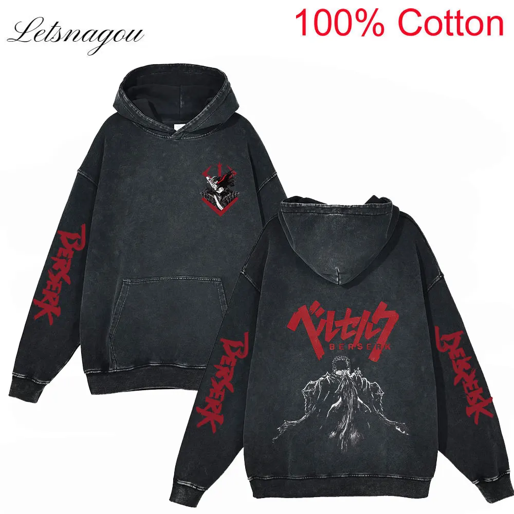 

Anime Berserk Guts Hoodies Men Hip Hop Streetwear Wash Retro Hooded Pullover 100% Cotton Sweatshirt Casual Tops Y2K Clothes