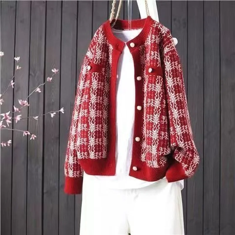 

Женский вязаный кардиган в клетку, Свободный кардиган в Корейском стиле с длинным рукавом и круглым вырезом, Осень-зима 2023