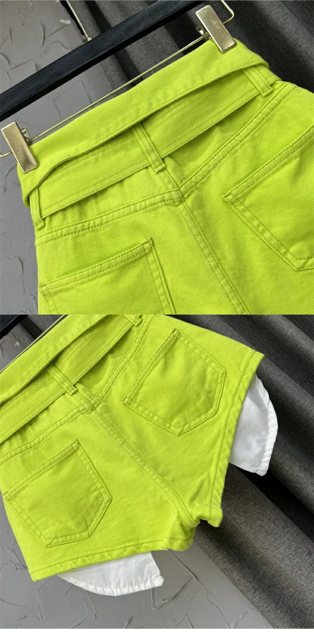 Korean Design High Waisted Wide Leg A-line Shorts Green Denim Hot Pants for Women Jeans