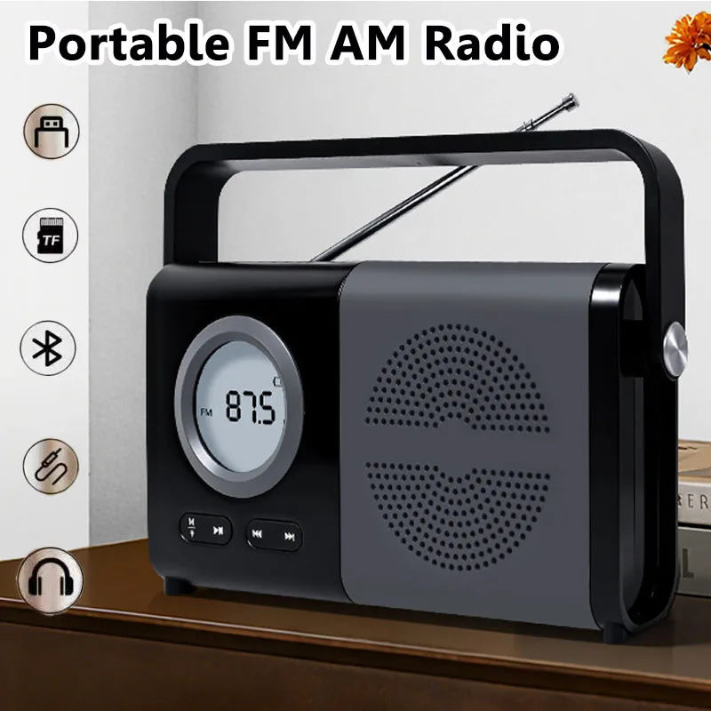 휴대용 FM AM 라디오 LCD 화면 백라이트 고감도 라디오 무선 블루투스 스피커 지원 TF USB AUX 프리셋 스테이션