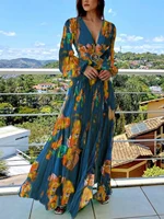 Vintage Floral Print Elegant Dress Puff Sleeve V-Necl Slim Boho Casual Cutout Spring Plus Size Long Dresses for Women 2024 - Image 4