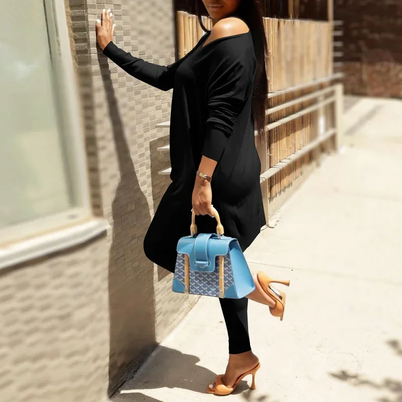 Casual Two-piece Pants Suit Autumn Sportswear Women's Autumn and Winter Double-sided Fleece Shoulder Wide Loose Shoulder Top