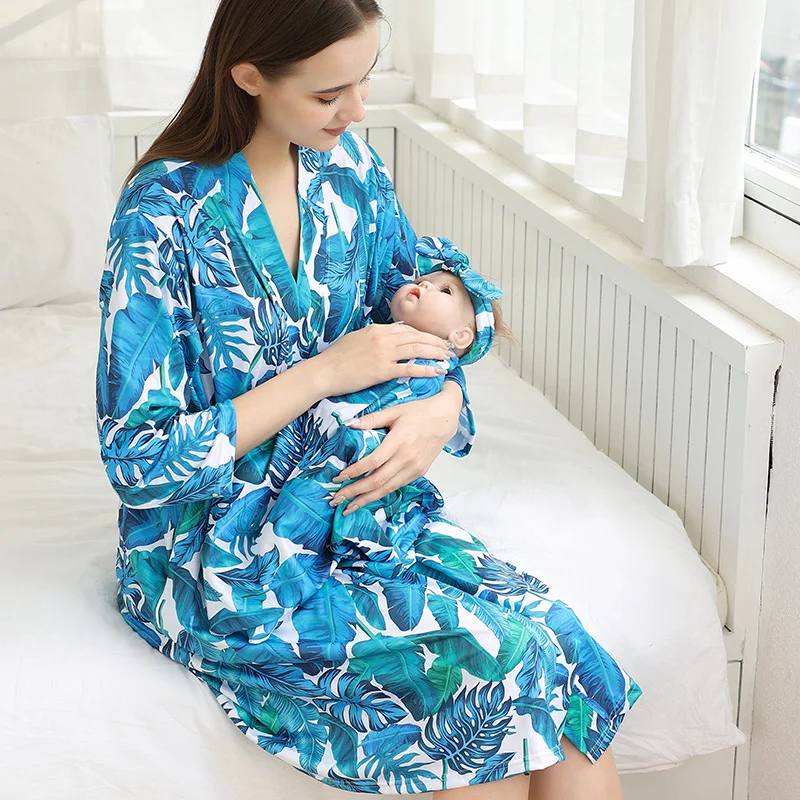 

Maternity Robes＋Baby Swaddling＋Hairband＋Hat 4pcs/Set Long Sleeves Women's Pajamas Nursing Childbirth Pregnancy Clothes 2023 New