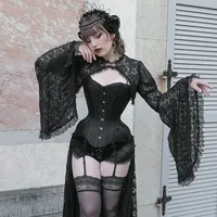 Hauts courts ajourés pour femmes, Chic gothique en dentelle, Smock, faux col, manches évasées, couverture pour fête de rencontre 2