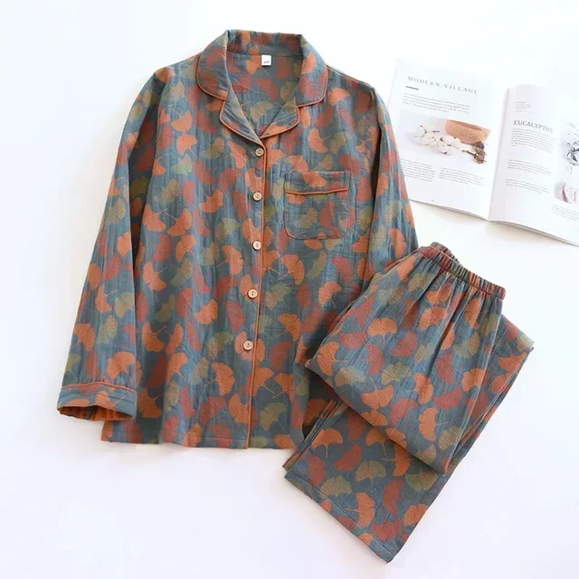 Costume de pyjama pantalon en coton pour femmes, vêtements de maison à manches longues, Jacquard, printemps et automne 1