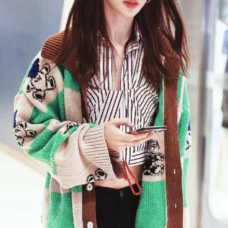 Bear Print Sweater Women Kawaii Plaid 