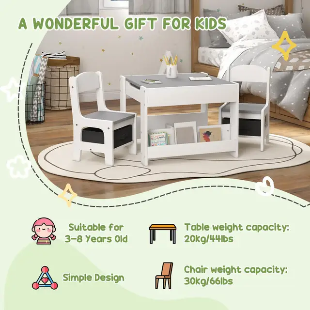 Qaba 3pc Kids Table and Chair Set with Reversible Tabletop Blackboard, Storage & Bookshelves, Gray