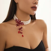 Multilayer Vintage Red Blood Pattern Imitation Pearl Tassel Pendant Necklace for Women Goth Crystal Bead Chain Halloween Jewelry 2