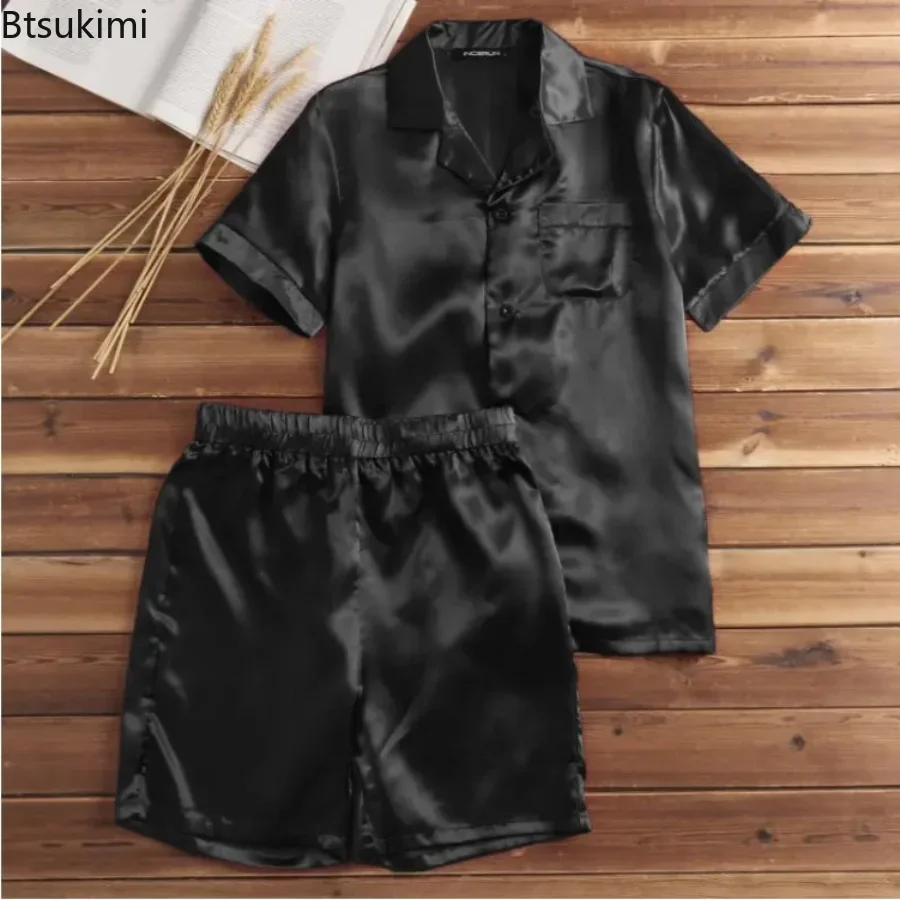 

2024 Men's Summer 2Pcs Pajamas Suits Sets Satin Silk Short Sleeve Sleepwear Nightwear Homewear Tops+pants Male Silk Pajamas