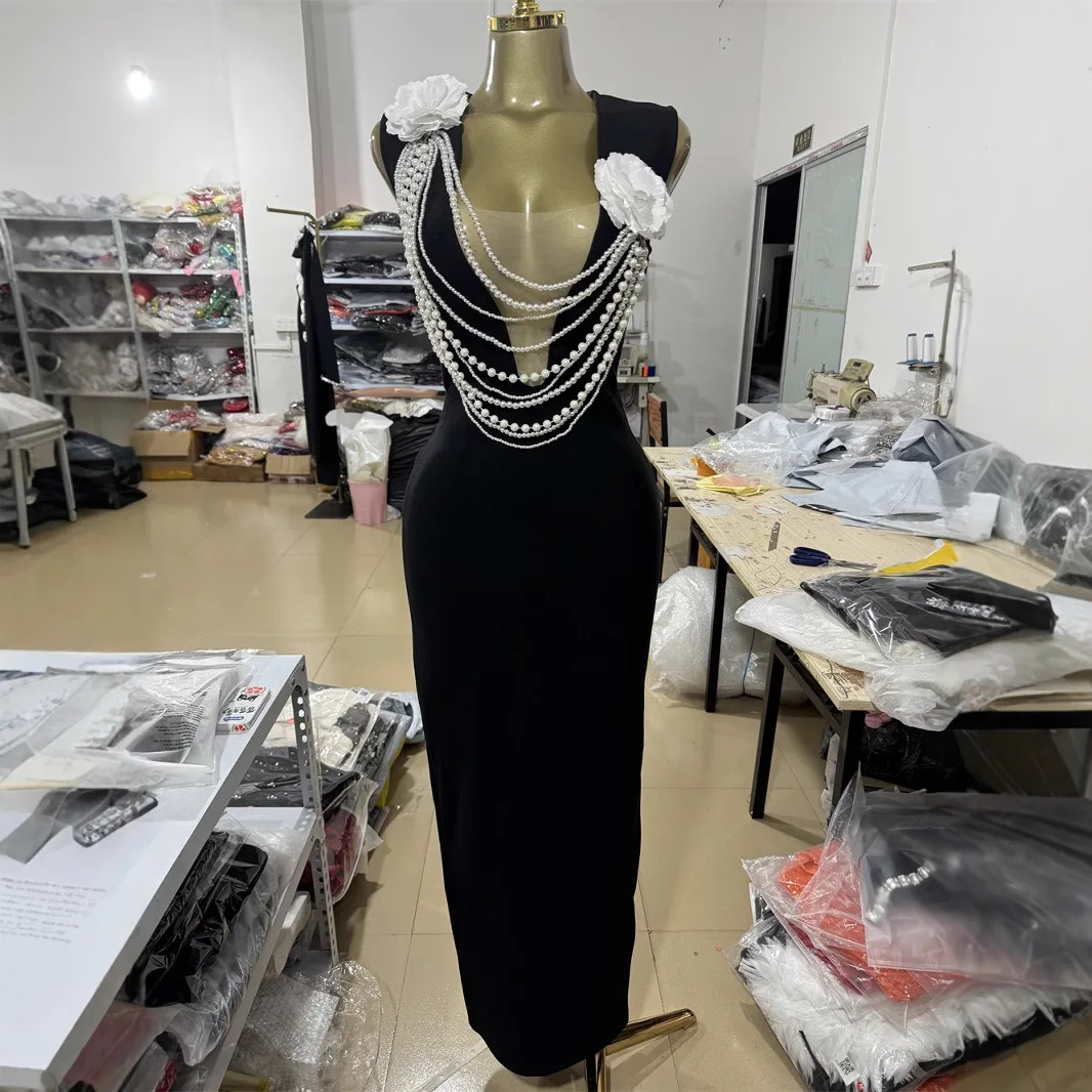 black and pearl prom dress Pearls Black Maxi Prom Dresses with Side Split – loveangeldress main image 0