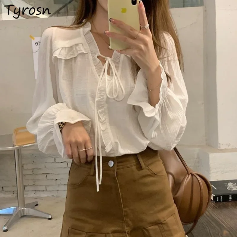 

Women Blouse Elegant Sweet Loose Fashion Summer Ruffles Design All-match Simple Daily Puff Sleeve Korean Style Tender Lace-up