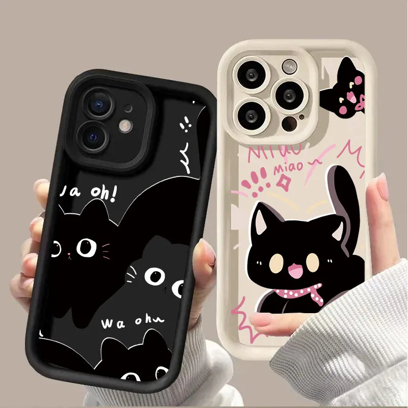 Adorable Black Cat Couple Silicone Soft Phone Case - Y2K Cartoon Design