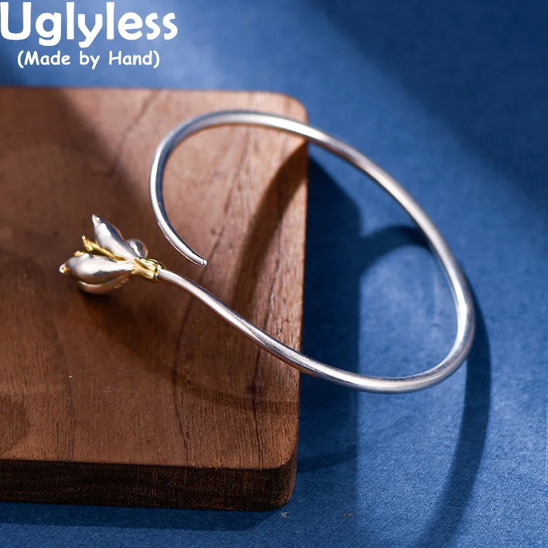 

Uglyless Blooming Flower Bangles for Women Adjustable Solid 925 Sterling Silver Bangles Shining Glossy Silver Floral Jewelry
