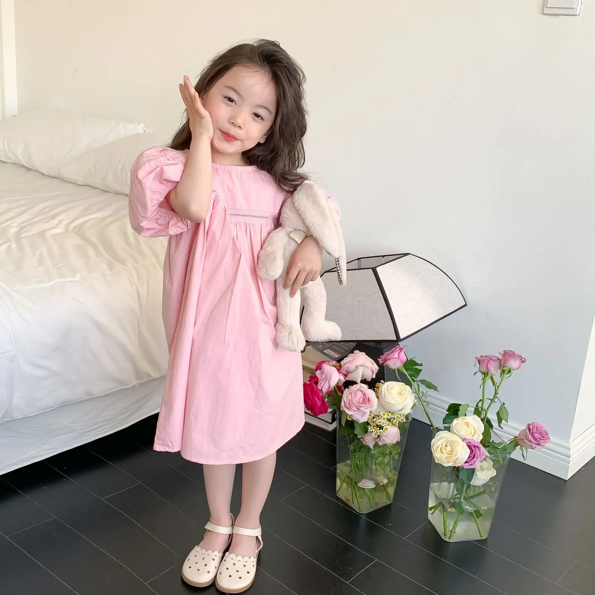 Summer 2-7 Year Korean Baby Girls Dress Puff Short Sleeve Solid Color Princess Children Girls Dress Draped Kid