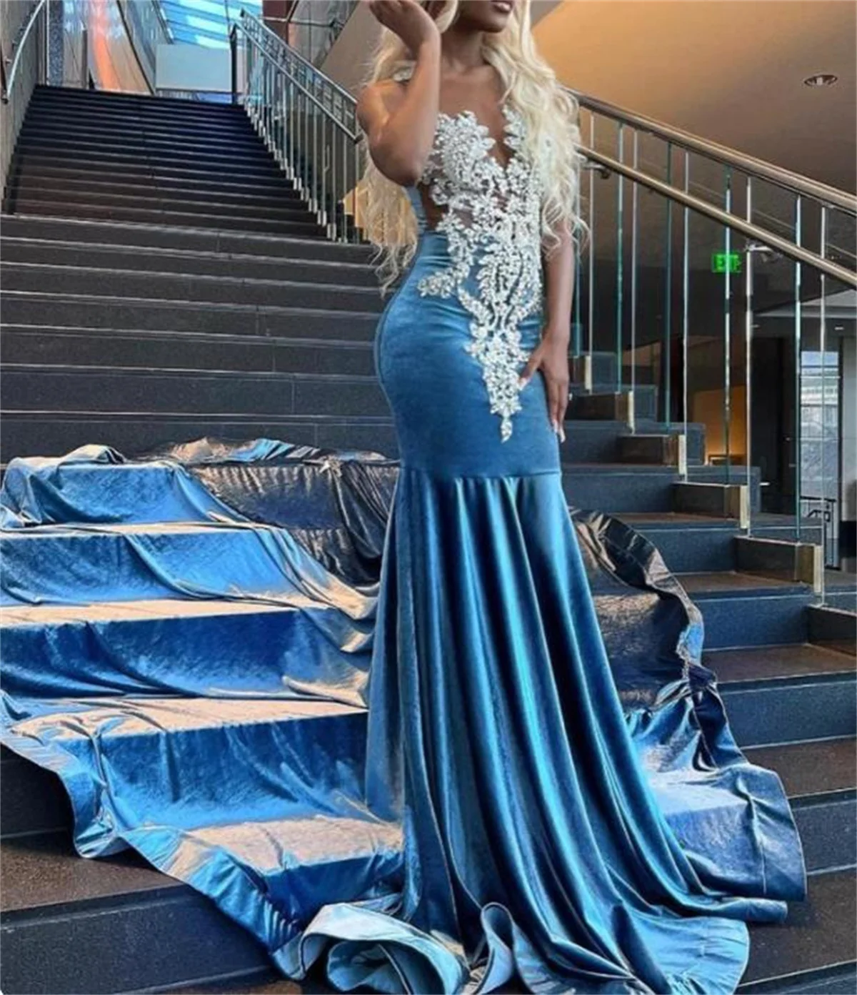 

Blue Mermaid Party Dress V-Neckless Premium Brushed Tail Fishtail Evening Gown Luxury Beaded Lace Fashion Taffetaya 2023
