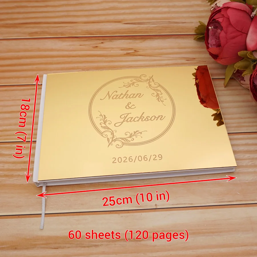 Wedding Guest Book Acrylic Mirror Cover Personalized Engraved Newlyweds Name&Date Wedding Signature Reception Book 25x18cm