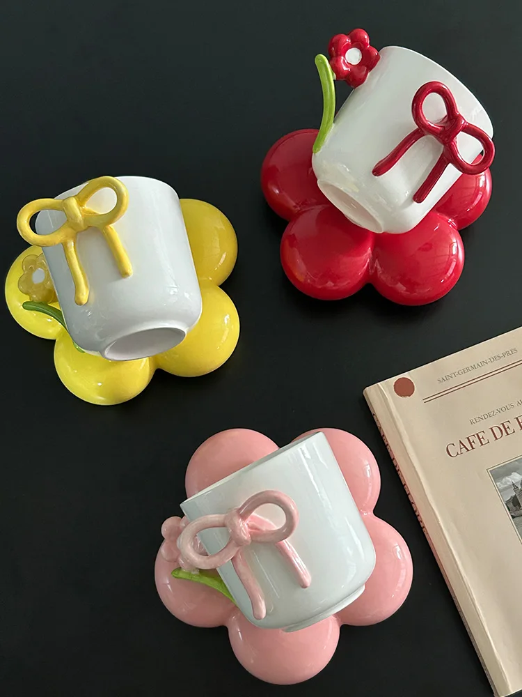 Creative Bow Ceramic Mug Home Flower Coffee Cup Saucer