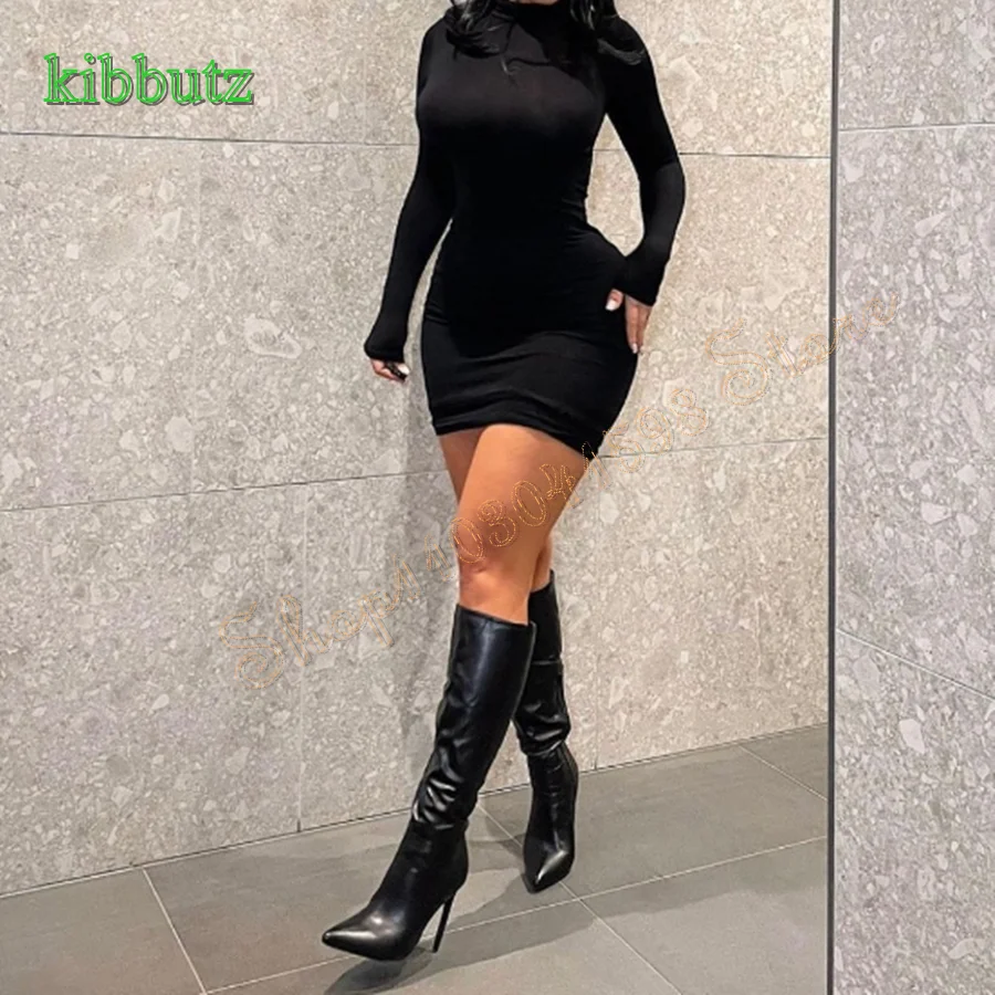 Black Leather Knee High Boots,Pointed Toe Thin Heel Side Zipper Women Boots Party High Heel Boots 2023 New Zapatos Para Mujere