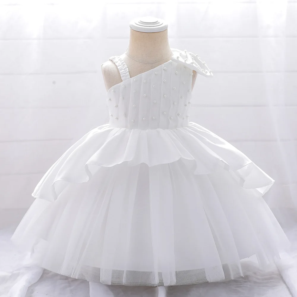 New Toddler Girl Flower Birthday Tulle Dress White One Shoulder Wedding