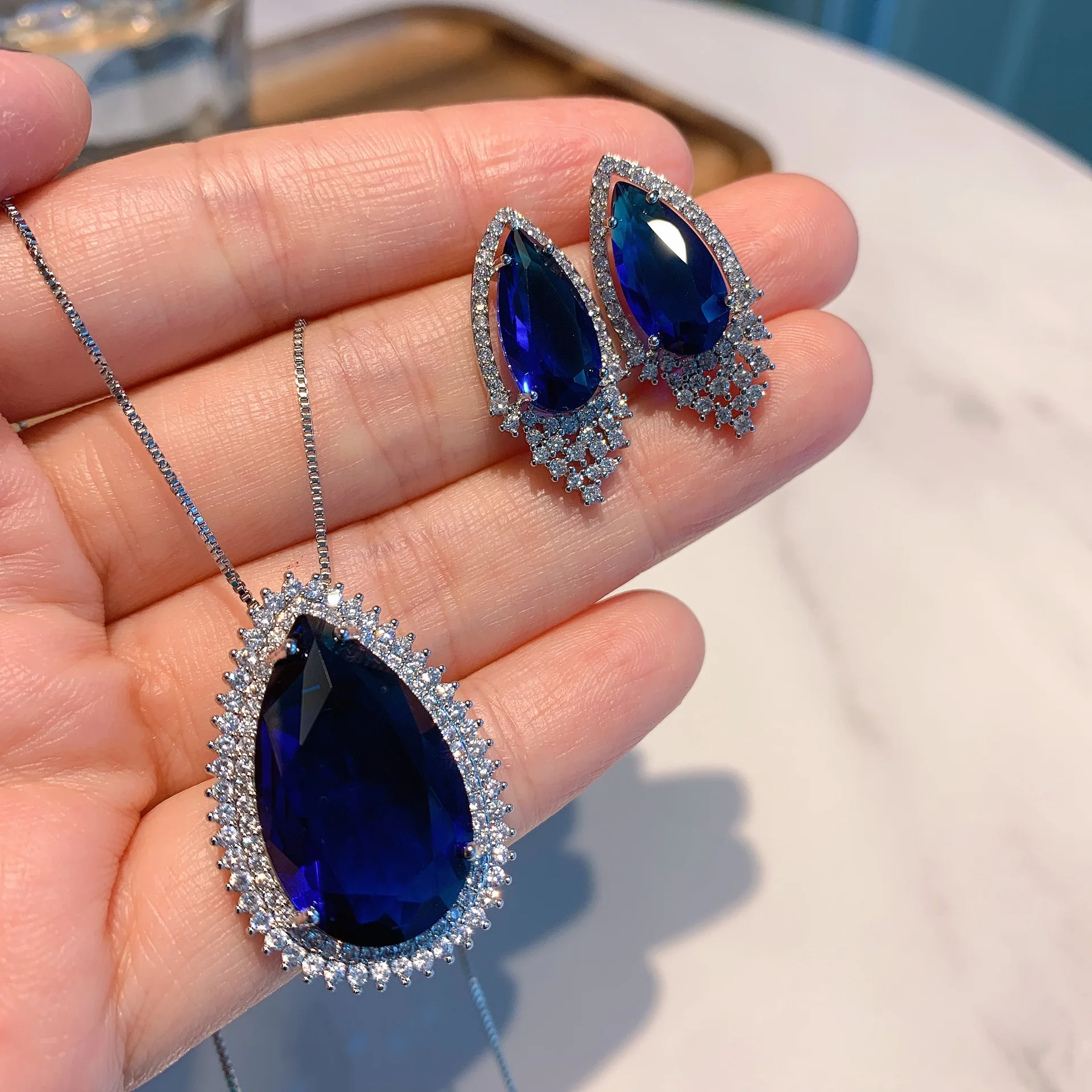 

Women Cubic Zirconia Jewelry Drop Shape Blue Sapphire Pendant Necklace Stud Earrings Jewelry Set